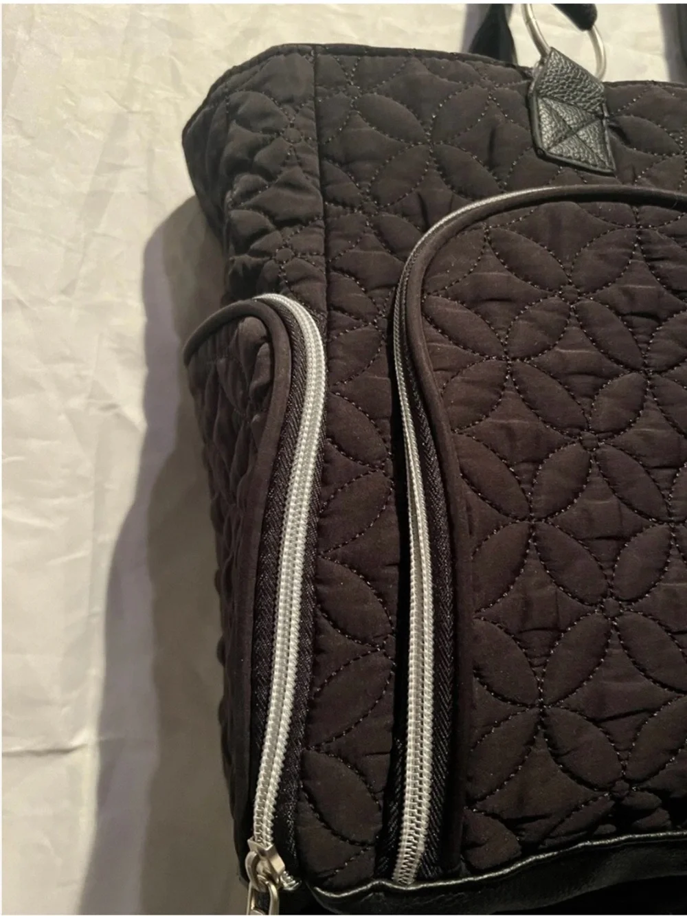 Bananfish Quilted Black Diaper Bag with Front Zip Pocket and side zip pockets